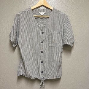 Time and Tru | Striped Button Down Bat Wing Twist Tie Oversized Linen Blouse